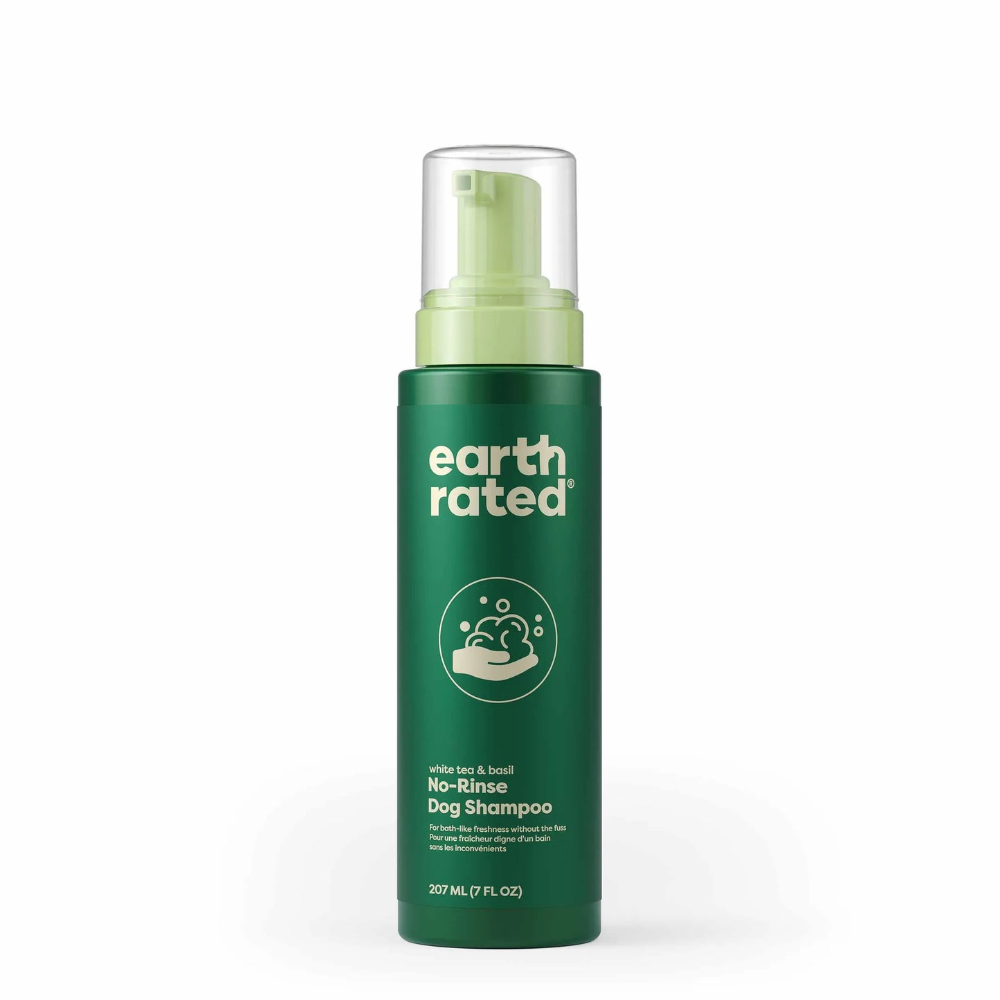 Green pump bottle of Earth Rated No Rinse Dog Shampoo 7oz for convenient pet grooming and cleaning.