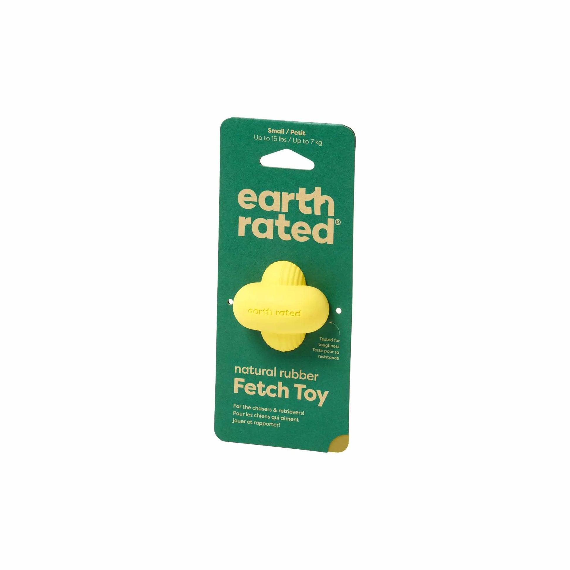 Earth Rated Rubber Fetch Dog Toy in yellow natural rubber on green packaging for small dogs up to 15 lbs