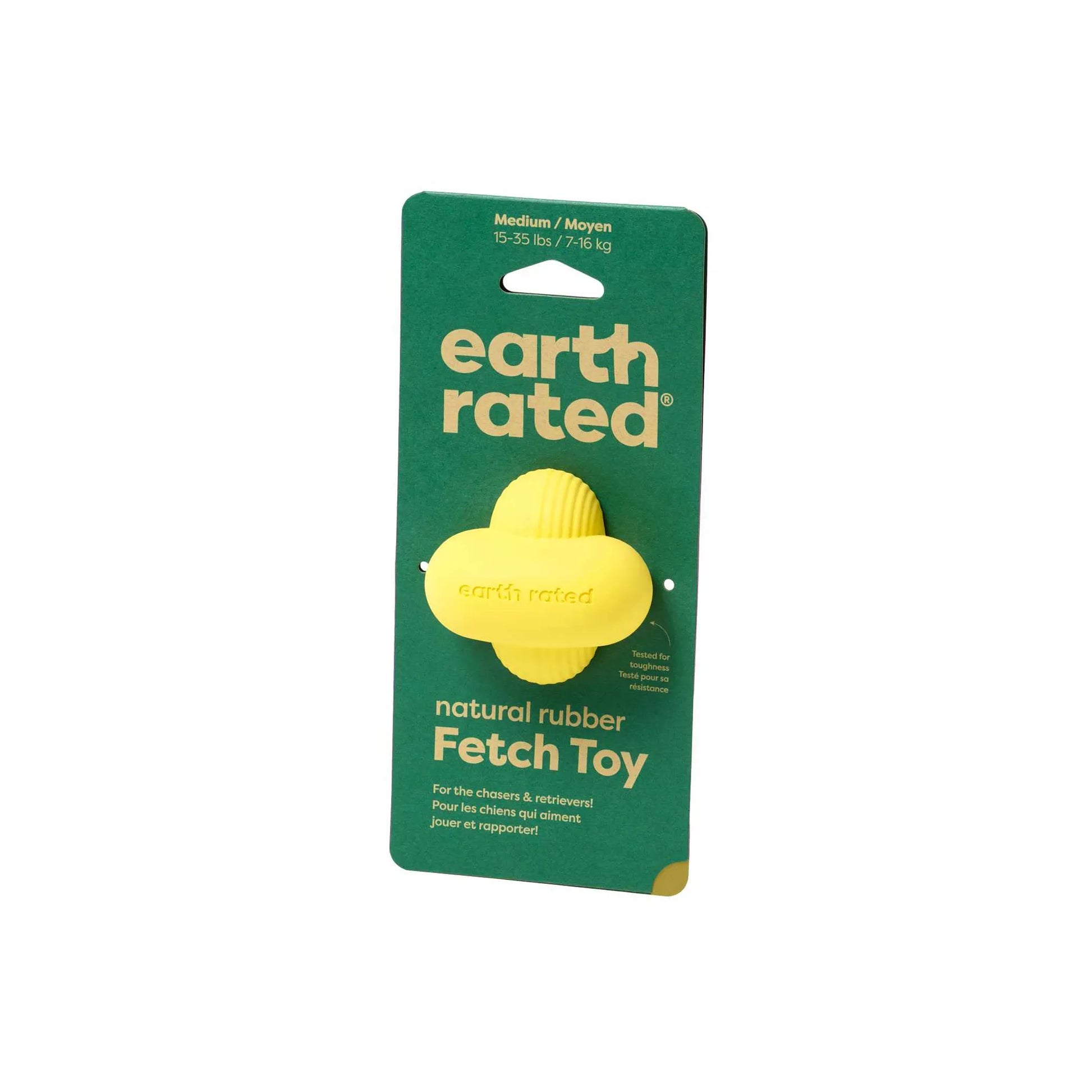 Earth Rated Rubber Fetch Dog Toy in yellow designed for medium dogs weighing 15-35 lbs shown on green packaging