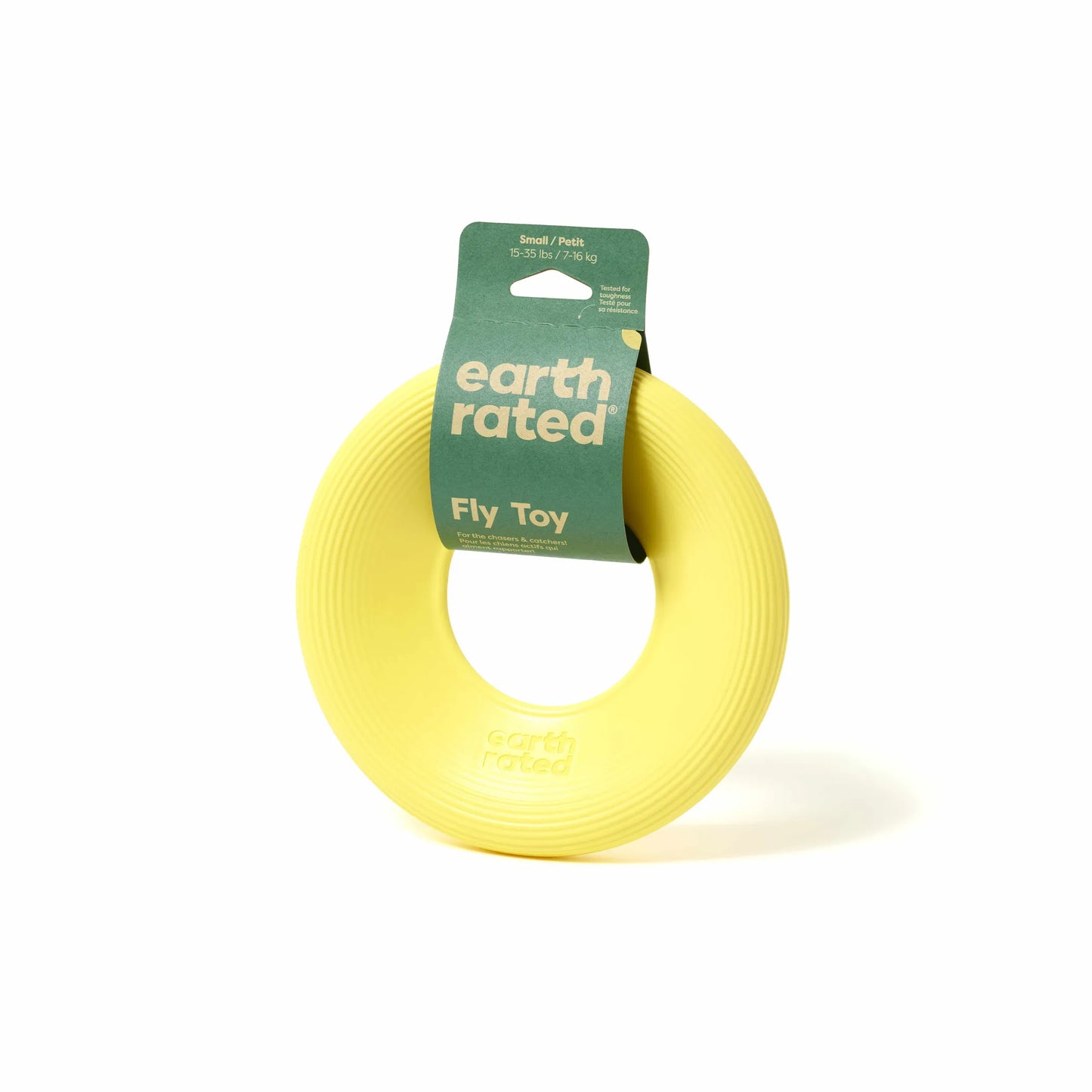 Earth Rated TPE Flyer Dog Toy in yellow, durable fetch ring for outdoor play and active dogs from PetsPerfect online pet store