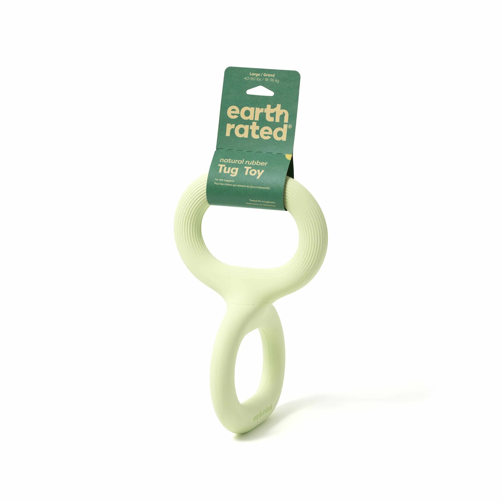 Earth Rated Rubber Tug Dog Toy in light green natural rubber designed for durable dog play and interactive tugging.