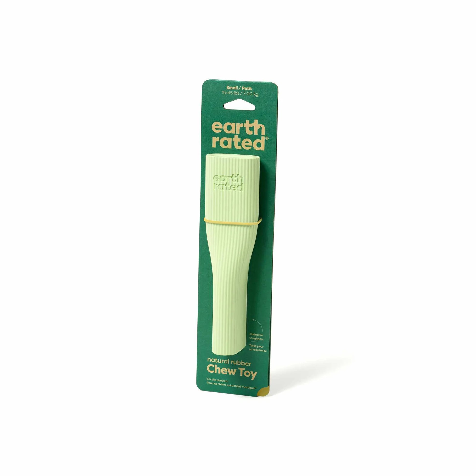 Earth Rated Rubber Chew Dog Toy on green packaging, durable natural rubber, designed for small dogs to chew safely