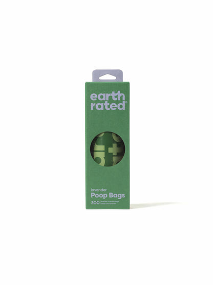 Earth Rated Lavender Poop Bags 300ct on a Large Single Roll in green packaging for pet waste disposal.