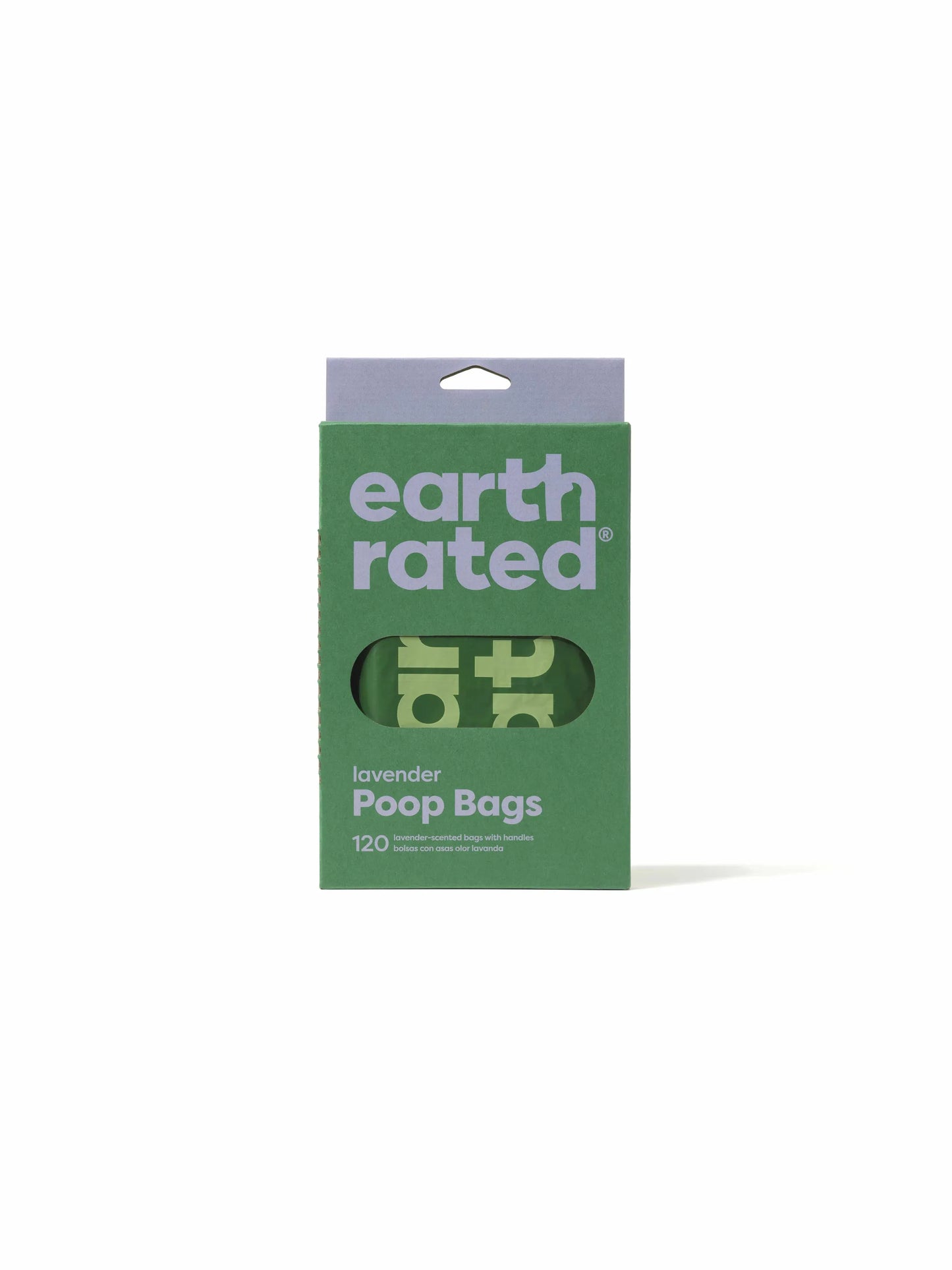 Earth Rated Lavender Easy-Tie Poop Bags 120ct in green box with lavender scent visible through window packaging
