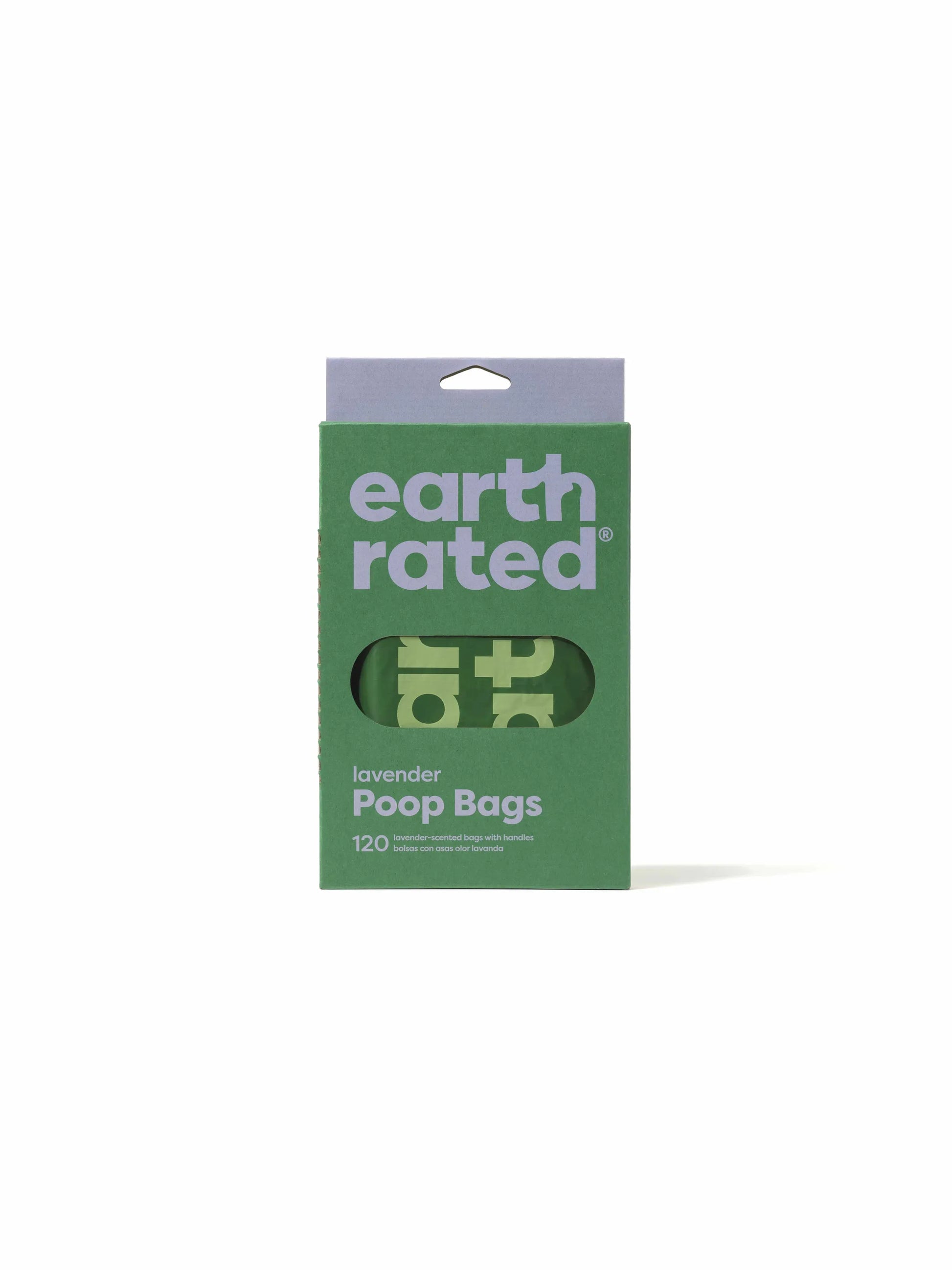 Earth Rated Lavender Easy-Tie Poop Bags 120ct in green box with lavender scent, pet supplies for dog owners
