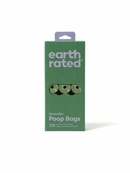 Earth Rated Lavender Poop Bags 315ct on 21 Refill Rolls in green packaging with lavender scent visible through window