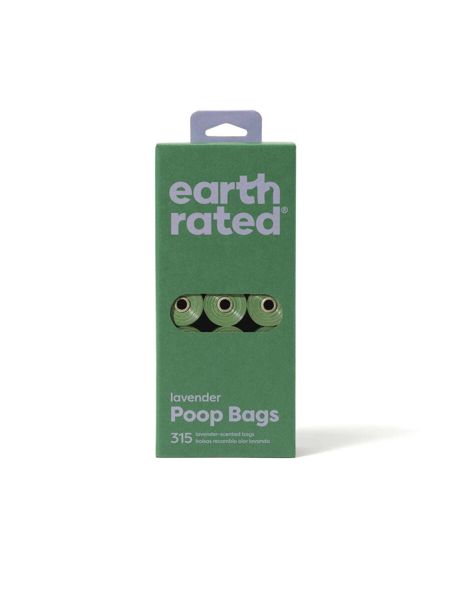 Earth Rated Lavender Poop Bags 315ct on 21 Refill Rolls in green box for eco-friendly pet waste cleanup