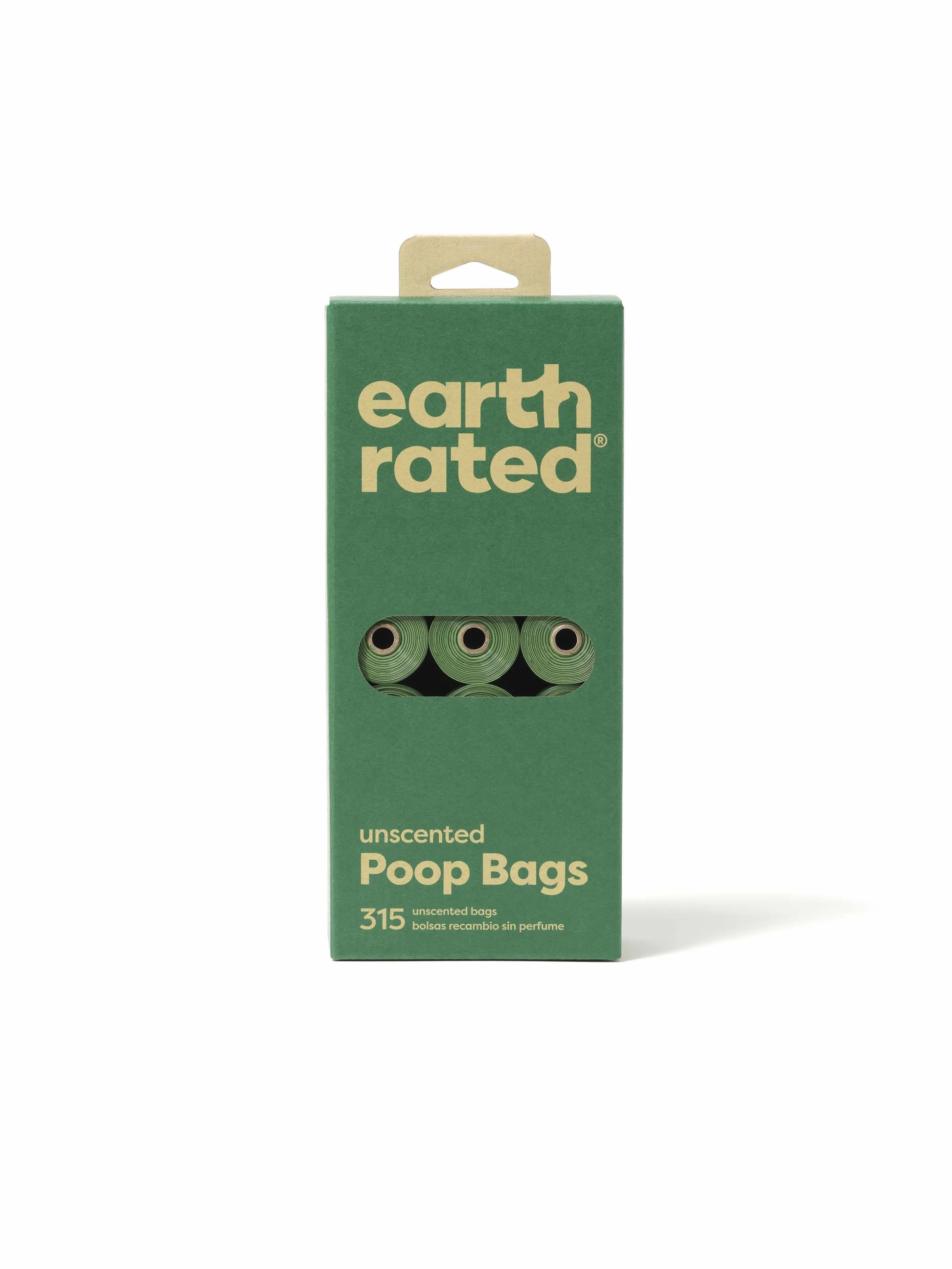 Earth Rated Unscented Poop Bags 315ct on 21 Refill Rolls in green eco-friendly box for pet supplies.