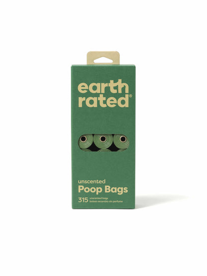 Earth Rated Unscented Poop Bags 315ct on 21 Refill Rolls in a green eco-friendly box for dog supplies