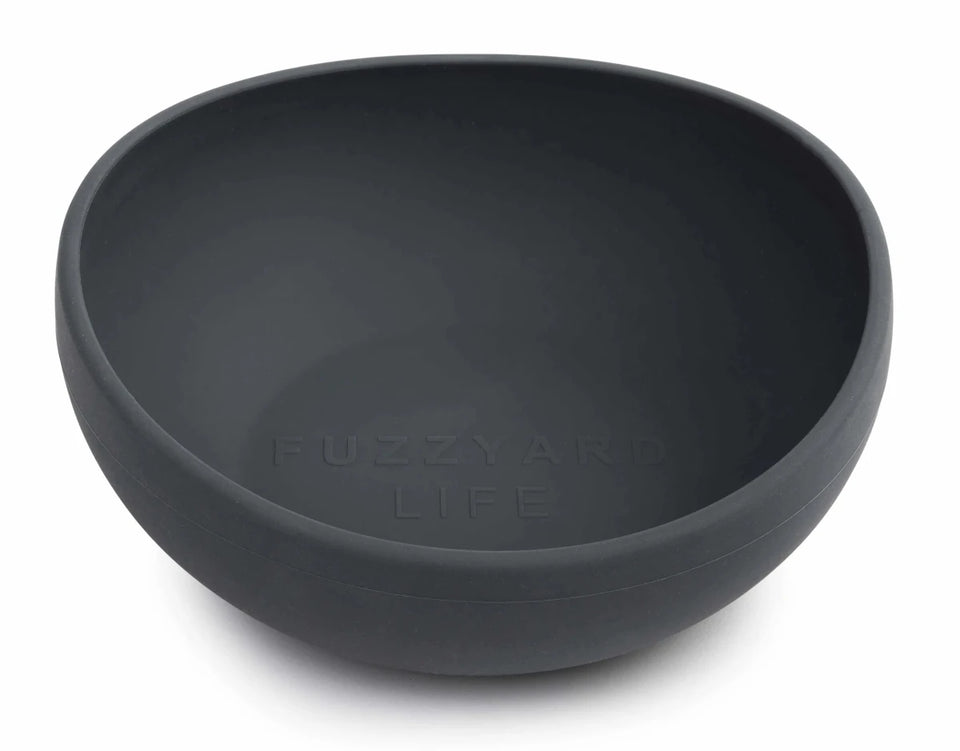 Charcoal FuzzYard Life silicone dog bowl, angled front view