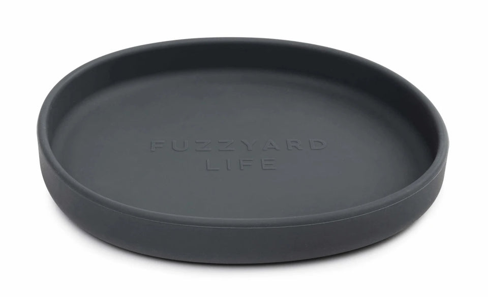 Charcoal FuzzYard Life shallow silicone cat dish, angled front view