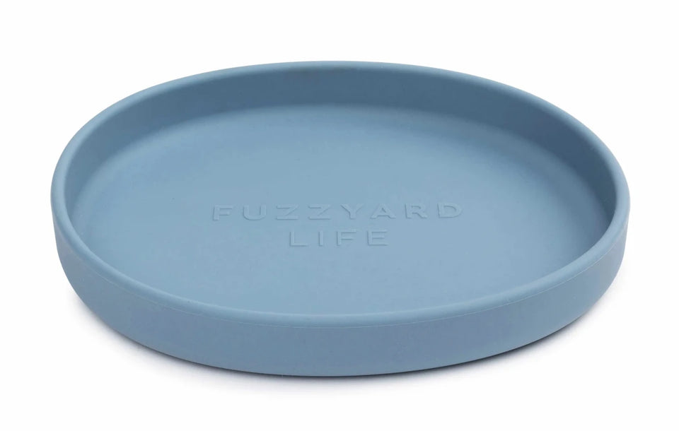 Blue FuzzYard Life shallow silicone cat dish, angled front view
