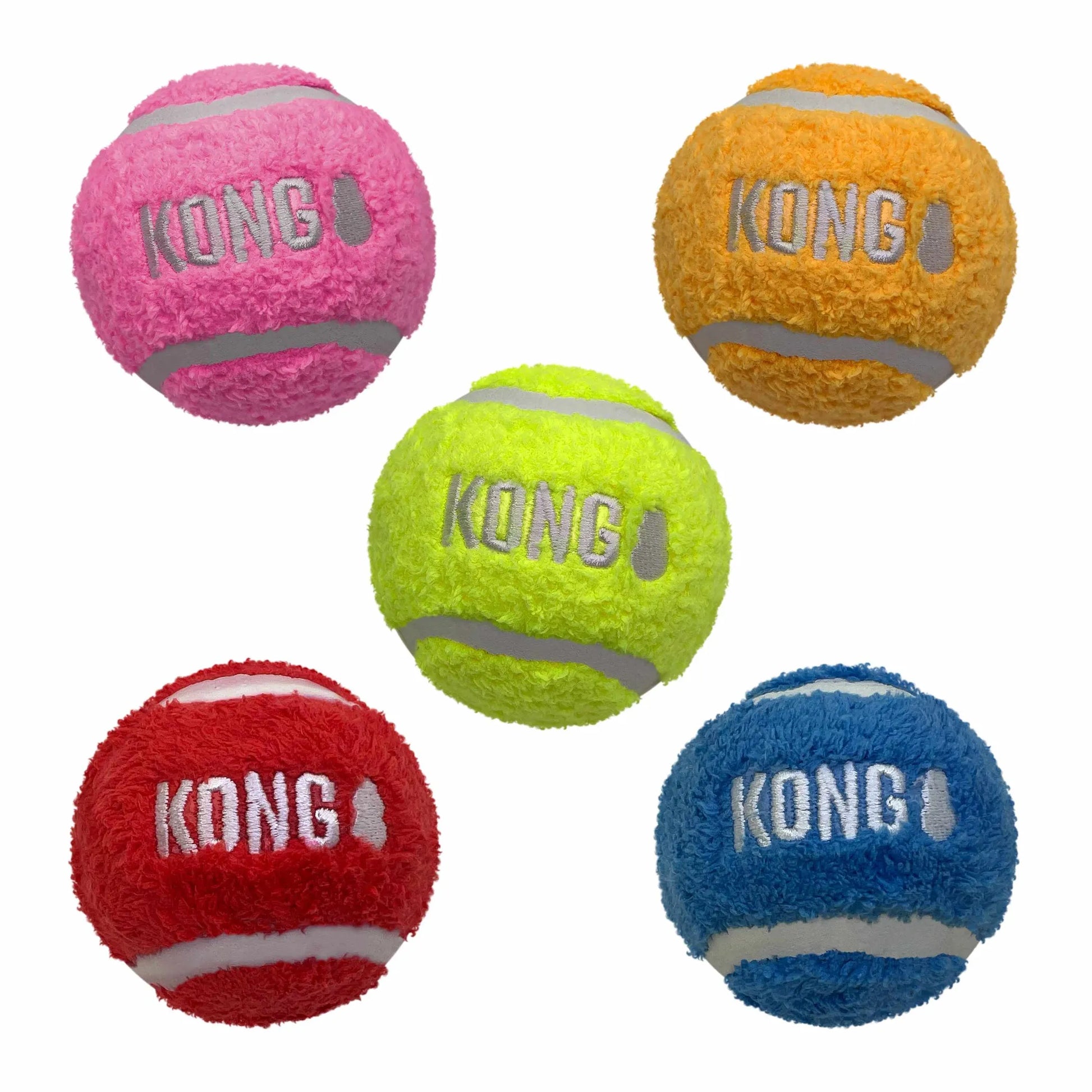 KONG(R) Sport(R) Softies Balls Dog Fetch Toy Assorted in pink, orange, yellow, red, and blue, soft textured surface.