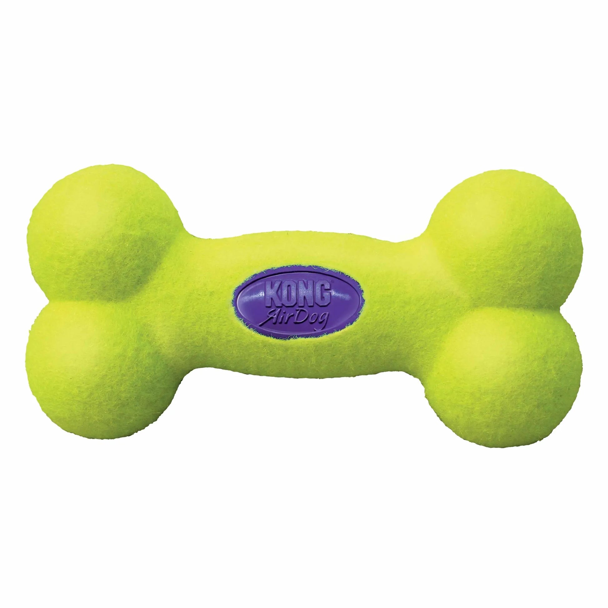 KONG(R) AirDog(R) Bone Dog Fetch Toy in bright yellow-green with purple logo, designed for durable dog play and fetch.