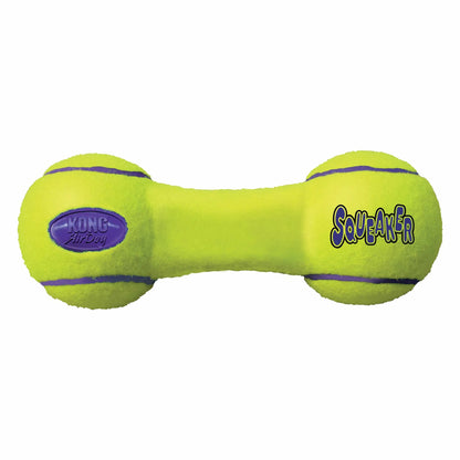 KONG(R) AirDog(R) Dumbbell Dog Fetch Toy in bright yellow tennis ball style with purple accents and squeaker label