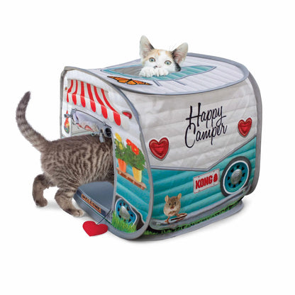 KONG(R) Play Spaces Camper Cat Toy with two playful kittens exploring a soft camper-themed cube toy
