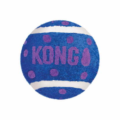 KONG(R) Cat Active Tennis Balls w/Bells Cat Toy in blue with purple spots and white stripes for interactive cat play.