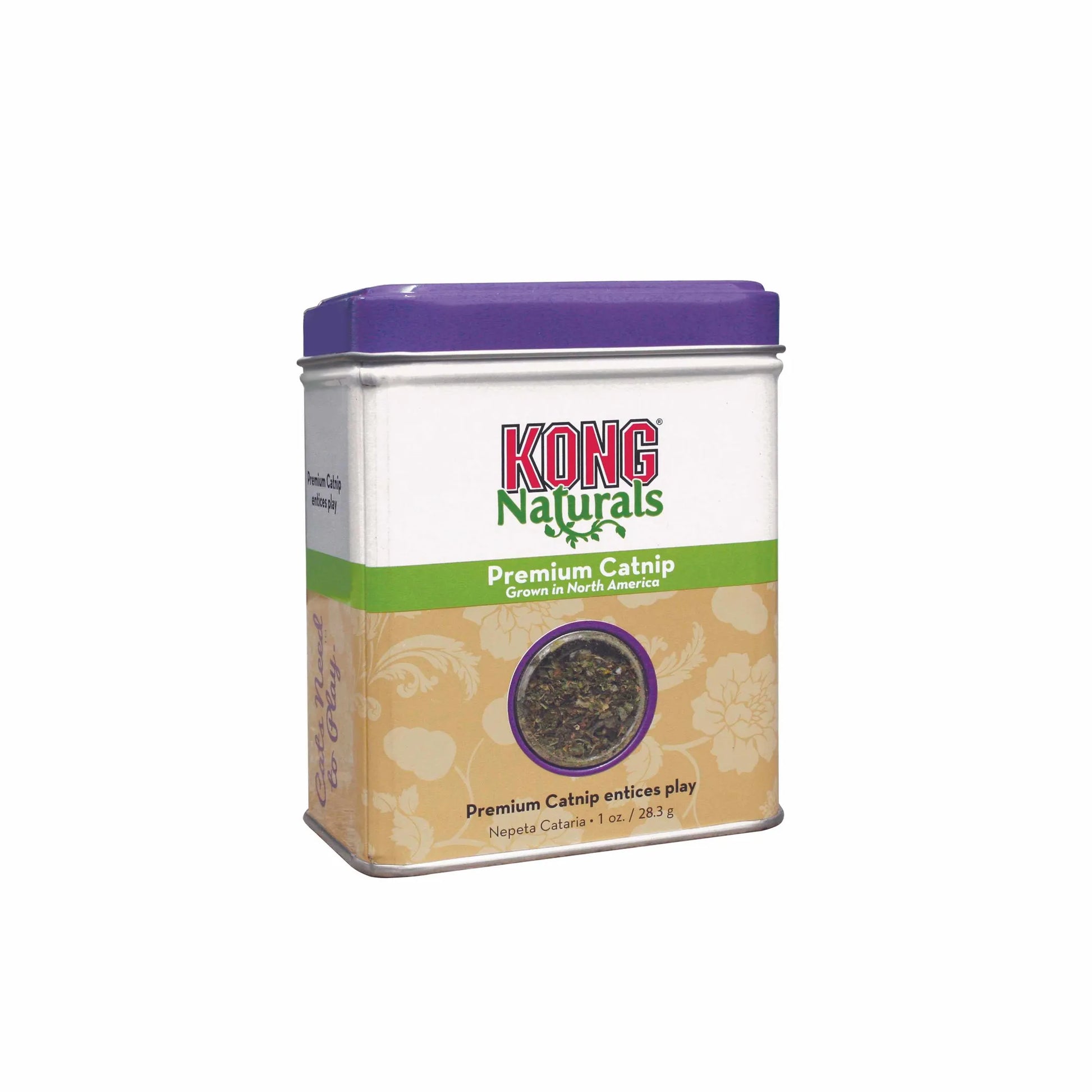 KONG(R) Naturals(R) Catnip premium dried catnip in a metal container for enticing playful cats in pet supplies store.
