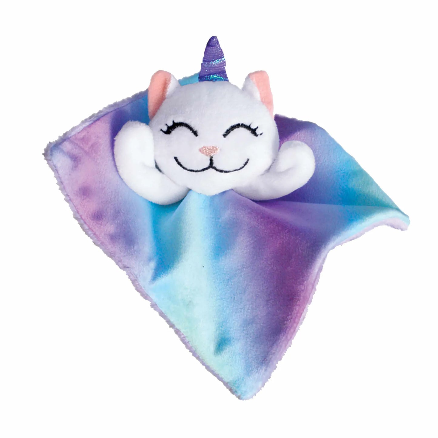 Soft plush white cat with purple horn and pastel blue and purple blanket in KONG(R) Crackles Caticorn Cat Toy design