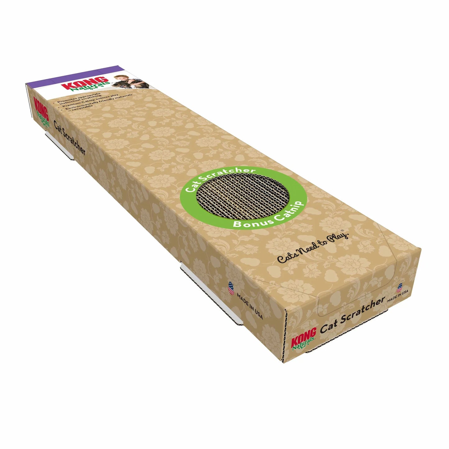 KONG(R) Naturals(R) Scratcher Single Cat Toy in cardboard with bonus catnip, natural texture for cat scratching fun