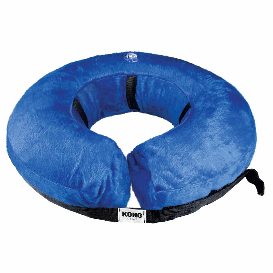 Blue KONG inflatable recovery collar with black strap, extra-small size