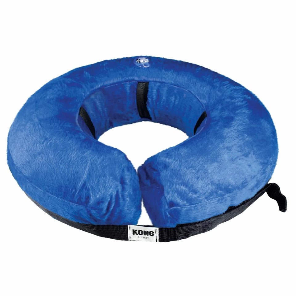 Blue KONG inflatable recovery collar with black strap, extra-large size