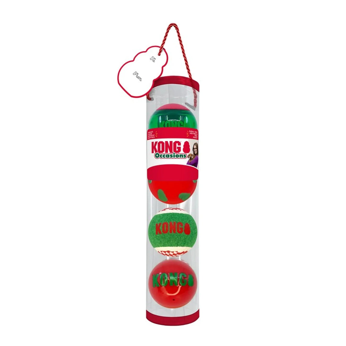 KONG Holiday Occasions Balls 4-pk Md in festive red and green colors for durable dog play and fetch fun