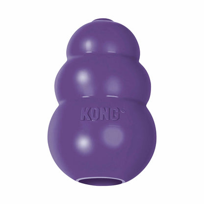 Purple durable chew toy for older dogs shaped with rounded tiers and branded with KONG(R) Senior Dog Chew Toy text