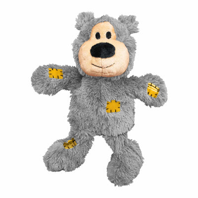 Gray KONG Wild Knots bear plush dog toy with yellow paw accents