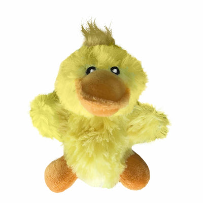 Yellow KONG Dr. Noyz duck plush dog toy sitting with orange feet