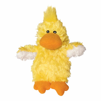 Yellow KONG Dr. Noyz duck plush dog toy with orange beak and white wings