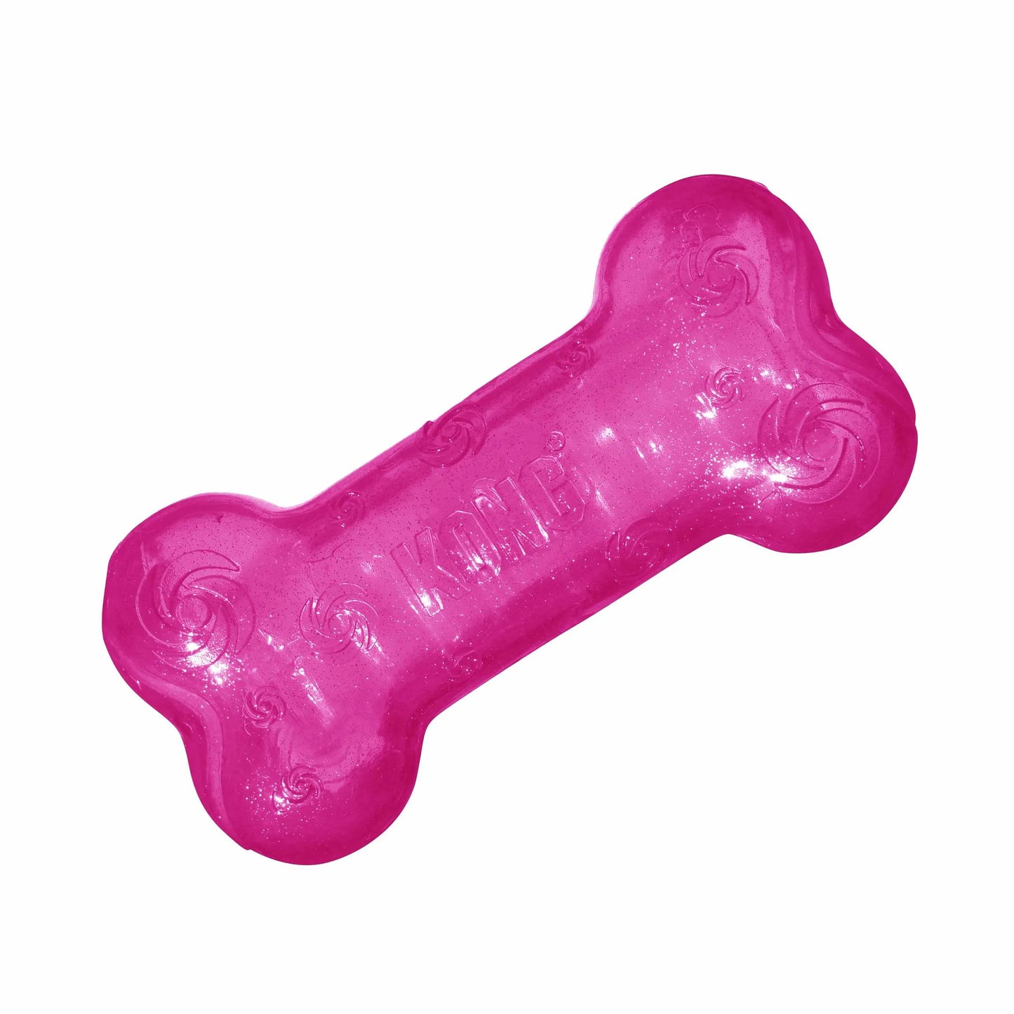 KONG(R) Squeezz(R) Crackle Bone Dog Fetch Toy Assorted in bright pink durable squeaky material for dog play and fetch.