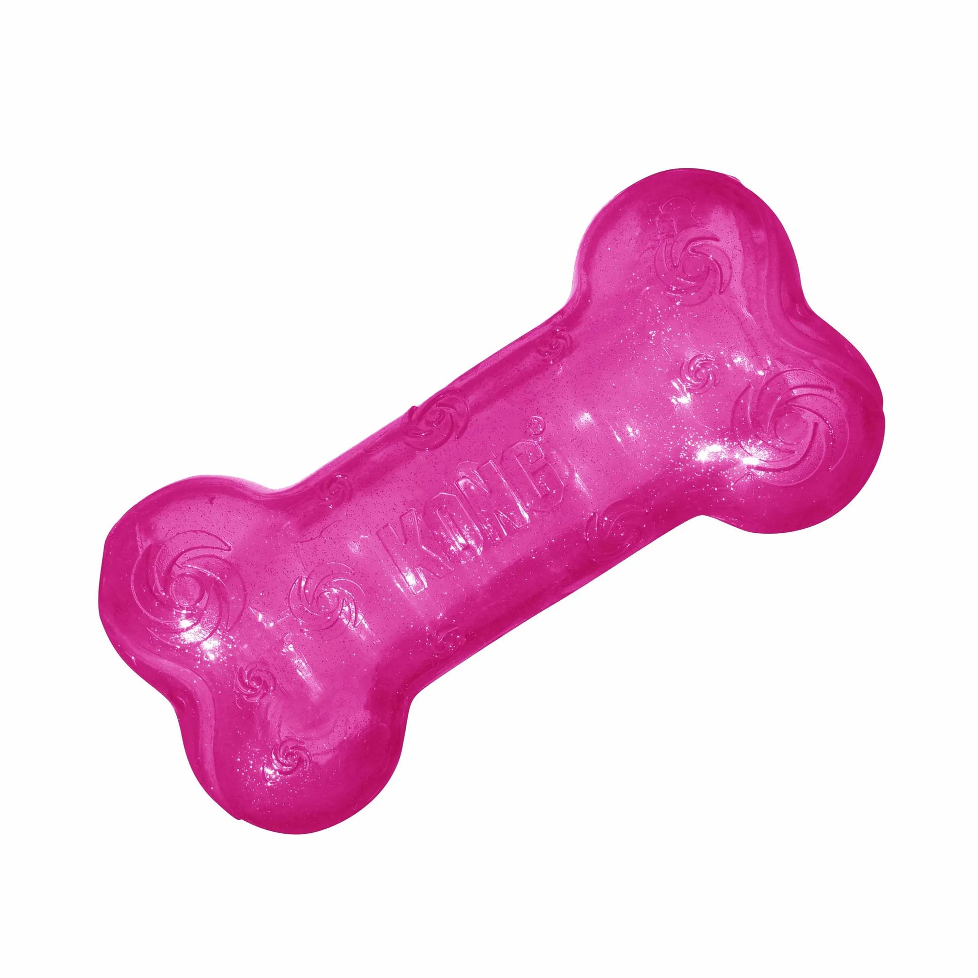 KONG(R) Squeezz(R) Crackle Bone Dog Fetch Toy Assorted in bright pink durable squeaky material for dog play and fetch.