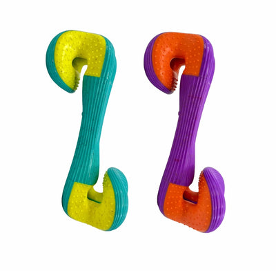 Two KONG Rerun Whoosh bone dog toys in teal and yellow and purple and orange