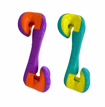 Two KONG Rerun Whoosh bone dog toys in purple and orange and teal and yellow
