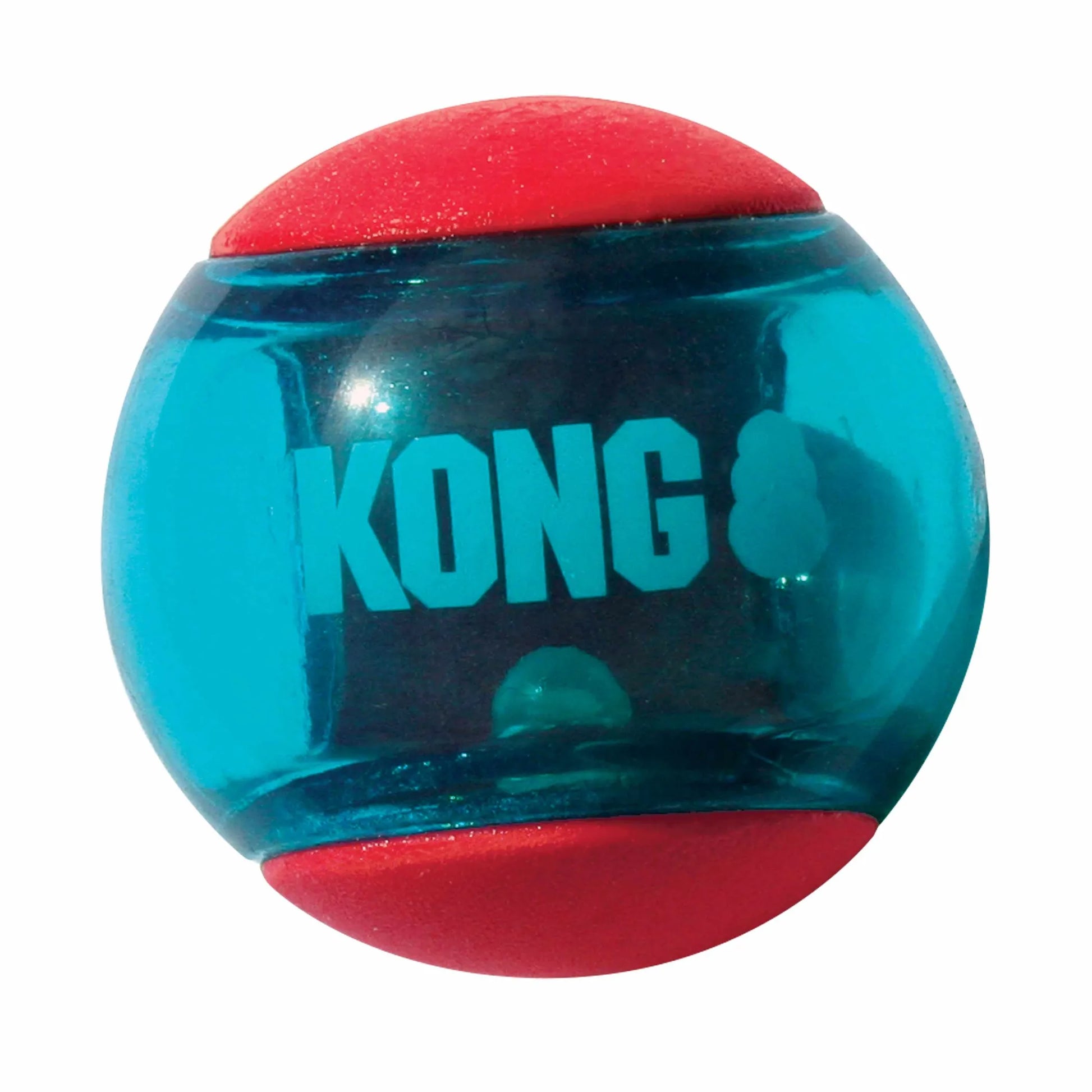 KONG(R) Squeezz Action Ball Dog Chew Toy in blue and red, durable rubber and plastic for dog play and chewing