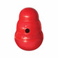 Red interactive dog toy with a treat dispensing hole, labeled KONG, KONG(R) Wobbler(R) Dog Enrichment Toy.
