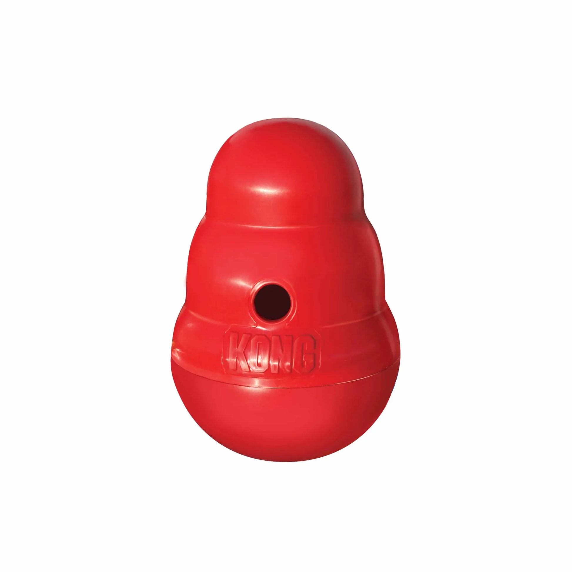 Red interactive KONG(R) Wobbler(R) Dog Enrichment Toy designed for mental stimulation and slow feeding.