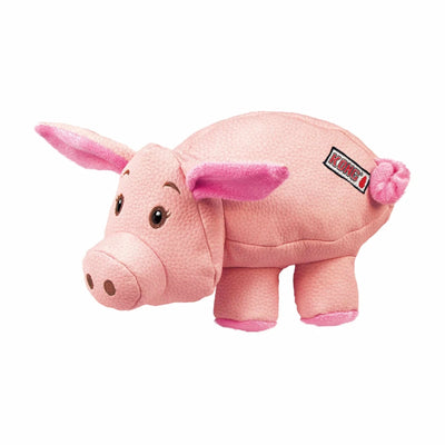 Pink KONG Phatz pig plush dog toy with embroidered face, side view