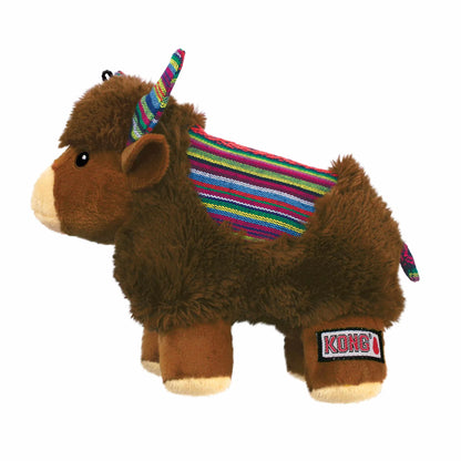 KONG(R) Sherps Yak Dog Plush Toy Medium with soft brown fur and colorful striped fabric on back for dogs to chew and play.