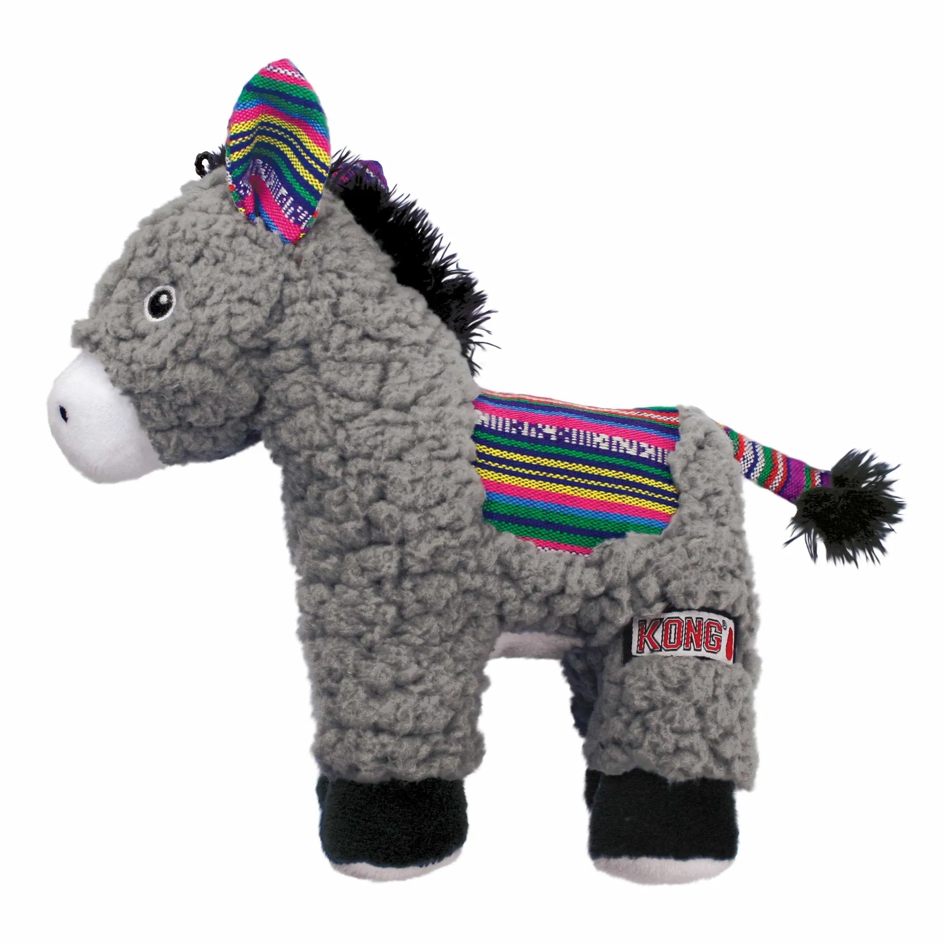 KONG(R) Sherps Donkey Dog Plush Toy Medium, durable gray textured dog toy with colorful saddle and ears for playtime