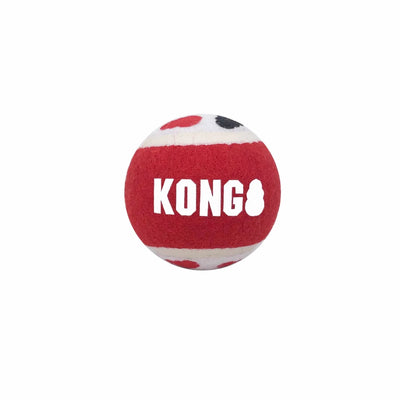 Red and white KONG Signature ball dog fetch toy, front view