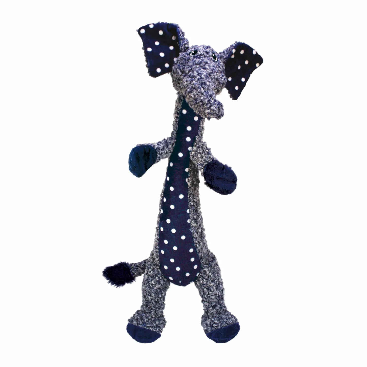 KONG(R) Shakers(TM) Luvs Elephant Dog Plush Toy with textured gray body and navy blue polka dot accents for dogs.