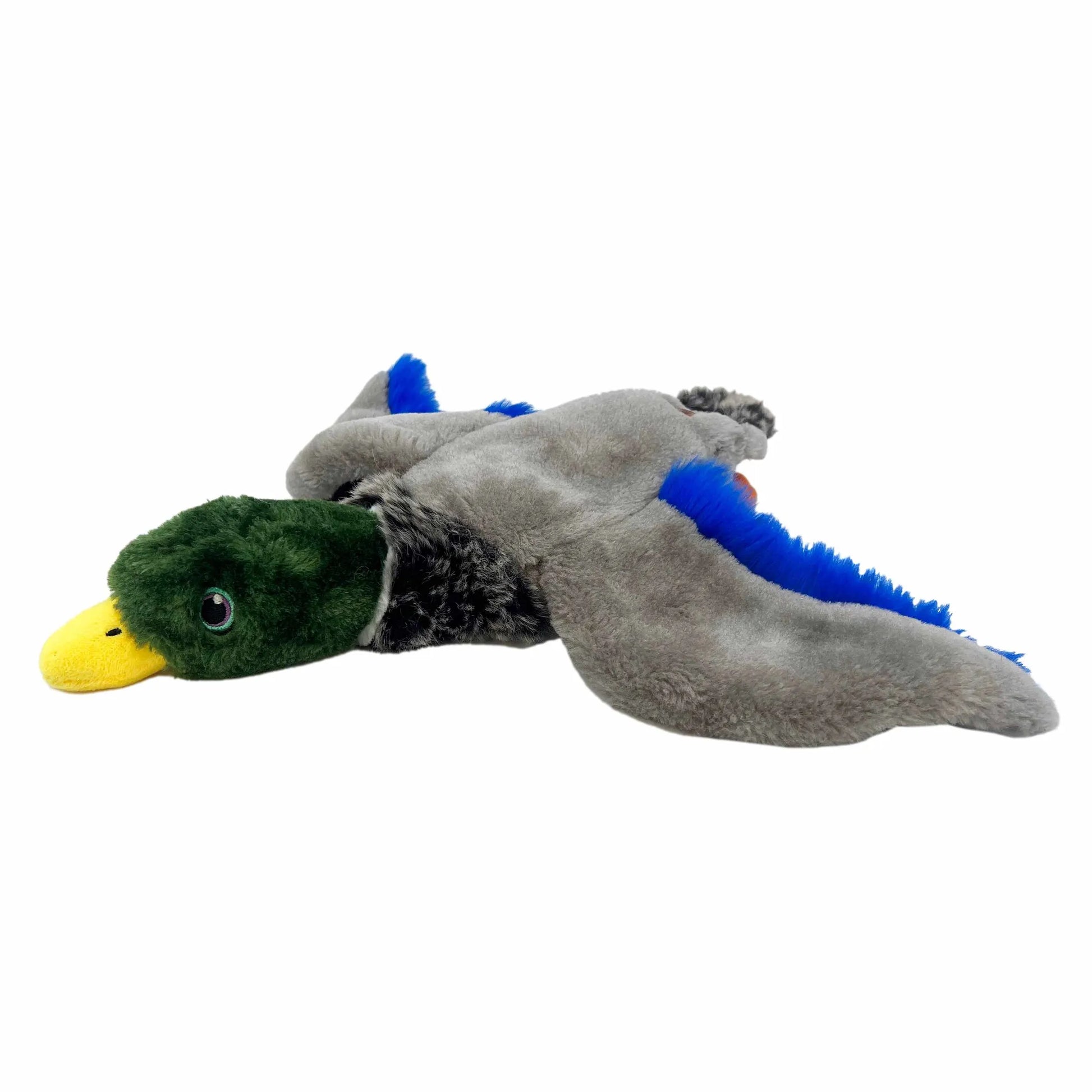 KONG(R) Wild Low Stuff Mallard Dog Plush Toy Medium with soft fabric in green, gray, blue, and yellow colors for dogs.