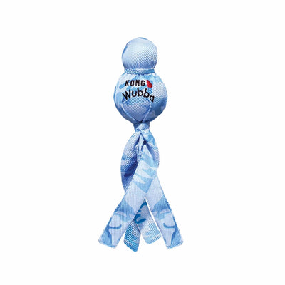 Light blue KONG Wubba Camo dog tug toy with blue fabric tails