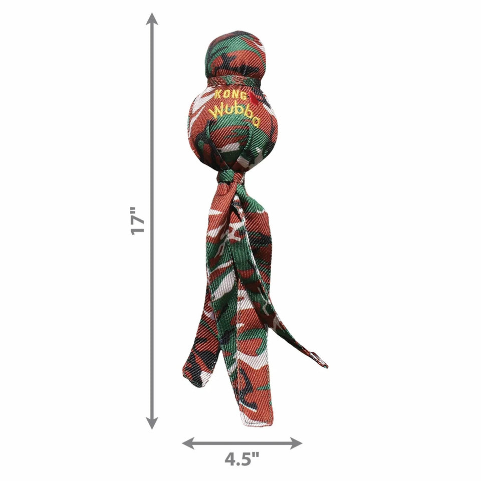 KONG Wubba Camo dog tug toy dimensions showing 17-inch height and 4.5-inch width