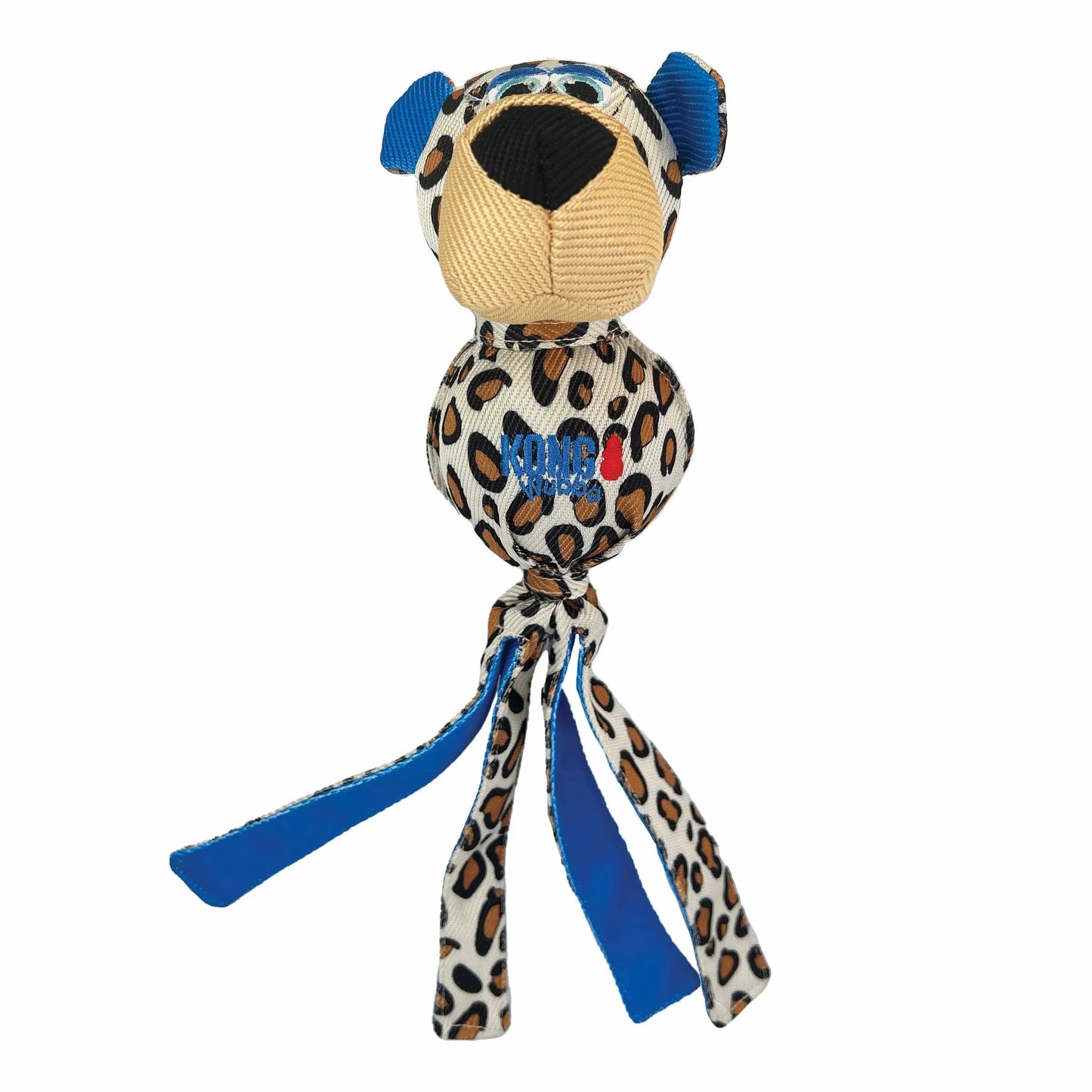 KONG(R) Wubba Zoo Cheetah Dog Tug Toy Large with leopard print, blue ears, and multiple tails for interactive play