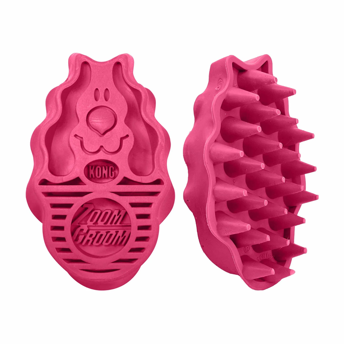 KONG ZoomGroom Raspberry Brush Large in pink, dual-sided pet grooming tool with soft and firm rubber bristles