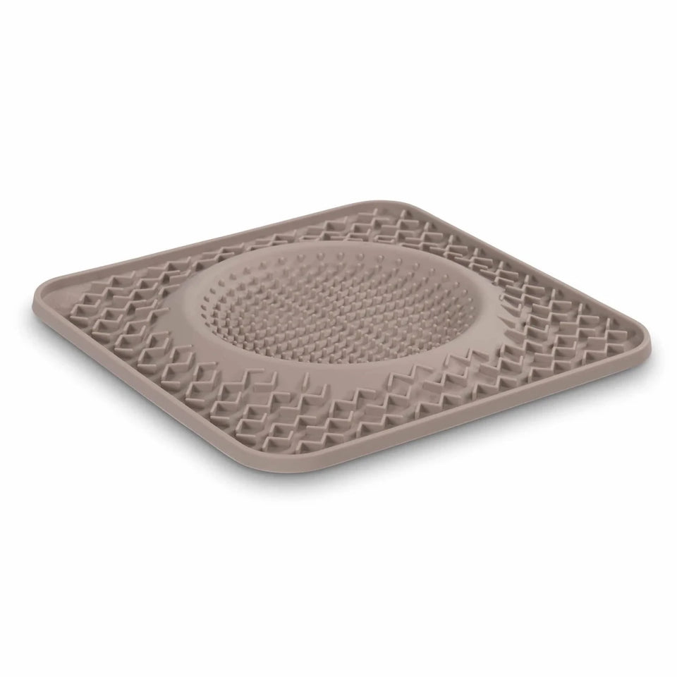 Gray square Messy Mutts silicone dog lick mat with raised circular texture