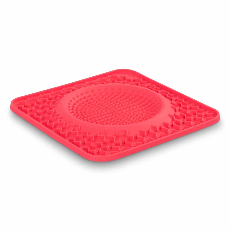 Red square Messy Mutts silicone dog lick mat with raised circular texture